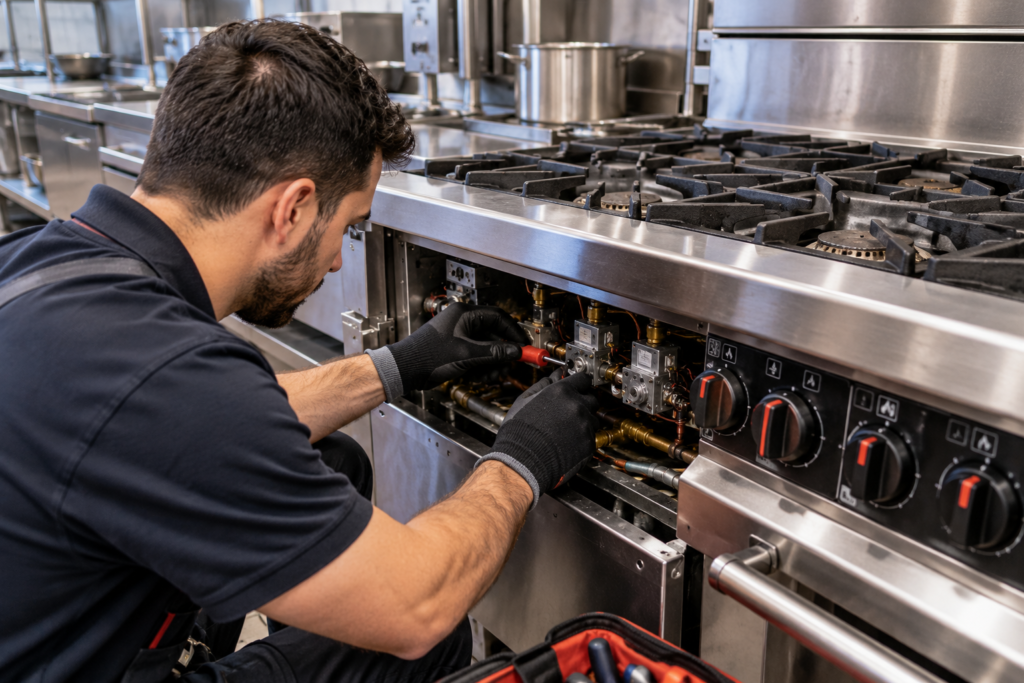 Technician repairing gas valves on a commercial gas stove in a professional kitchen in Melbourne